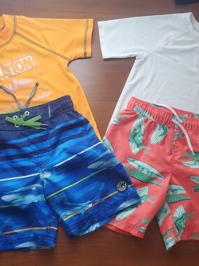 Old Navy Blue Striped Boys Swim Trunks and Coral Surf Print Shorts